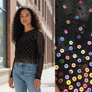 Vintage Cache Y2K Mesh Black Top Multi Colored Sequins Size Medium